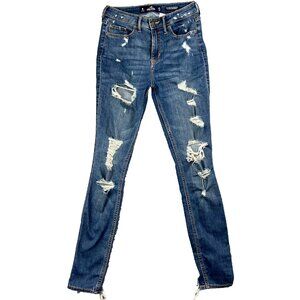 Hollister Juniors 1R w25 Blue Denim Distressed Curvy High-Rise Super Skinny